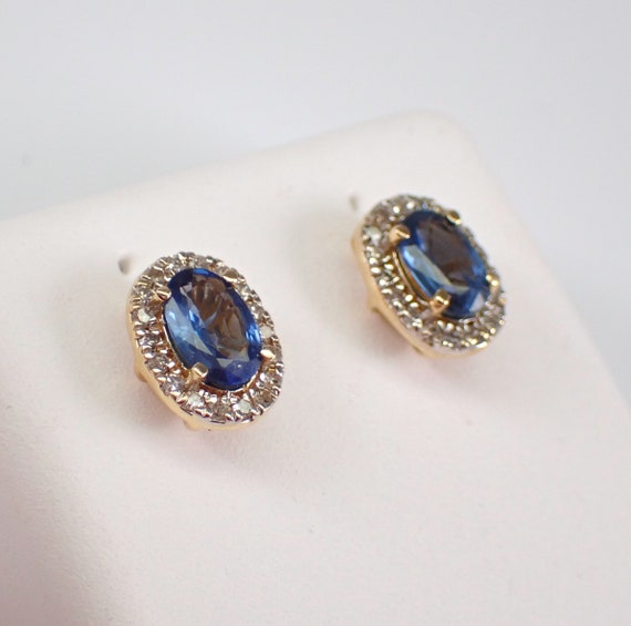 14K Yellow Gold Sapphire Stud Earrings - Diamond Halo Setting Studs - September Birthstone Fine Jewelry Gift