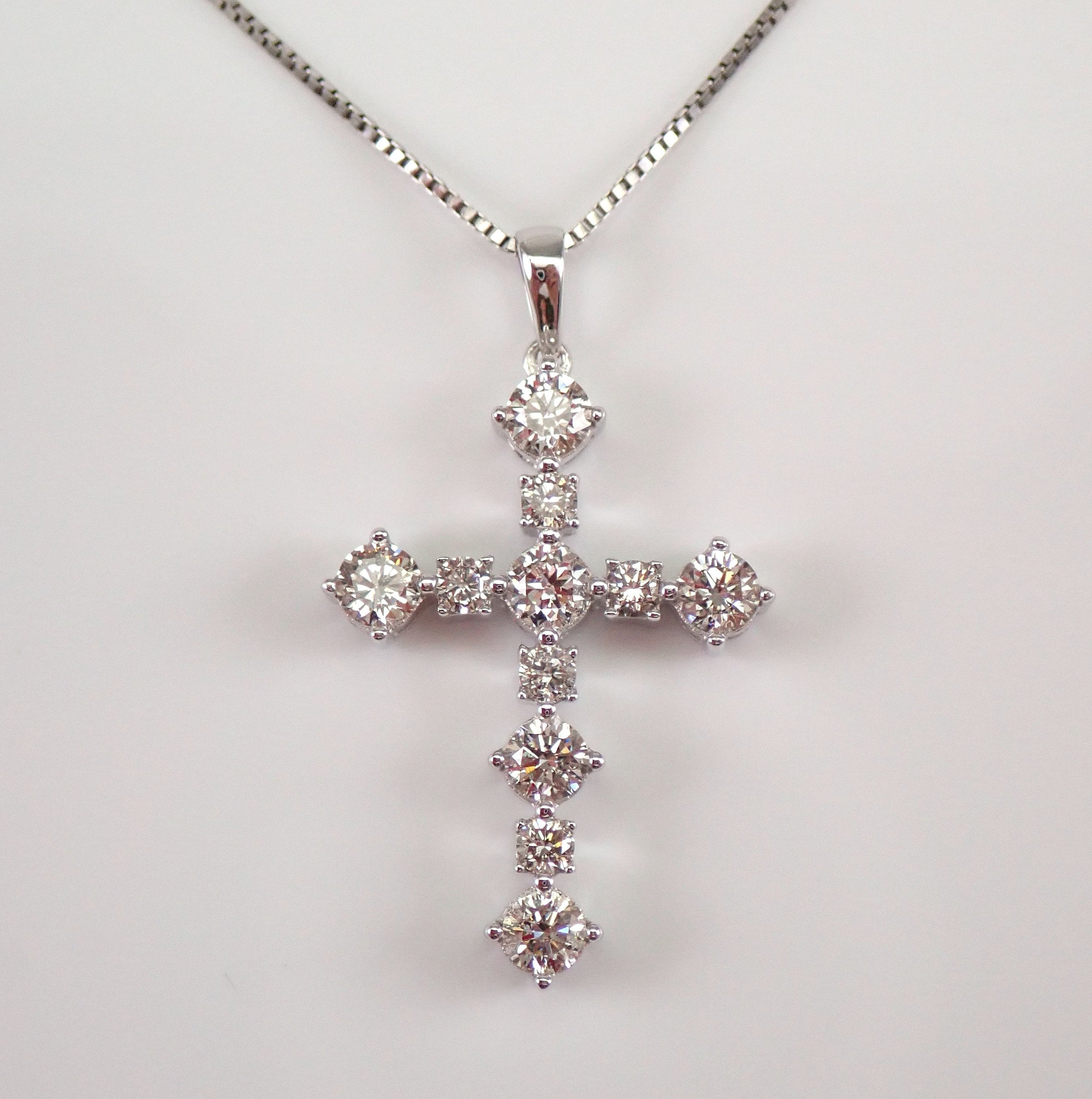 14K White Gold Diamond CROSS Pendant Round Brilliant Diamond Necklace ...