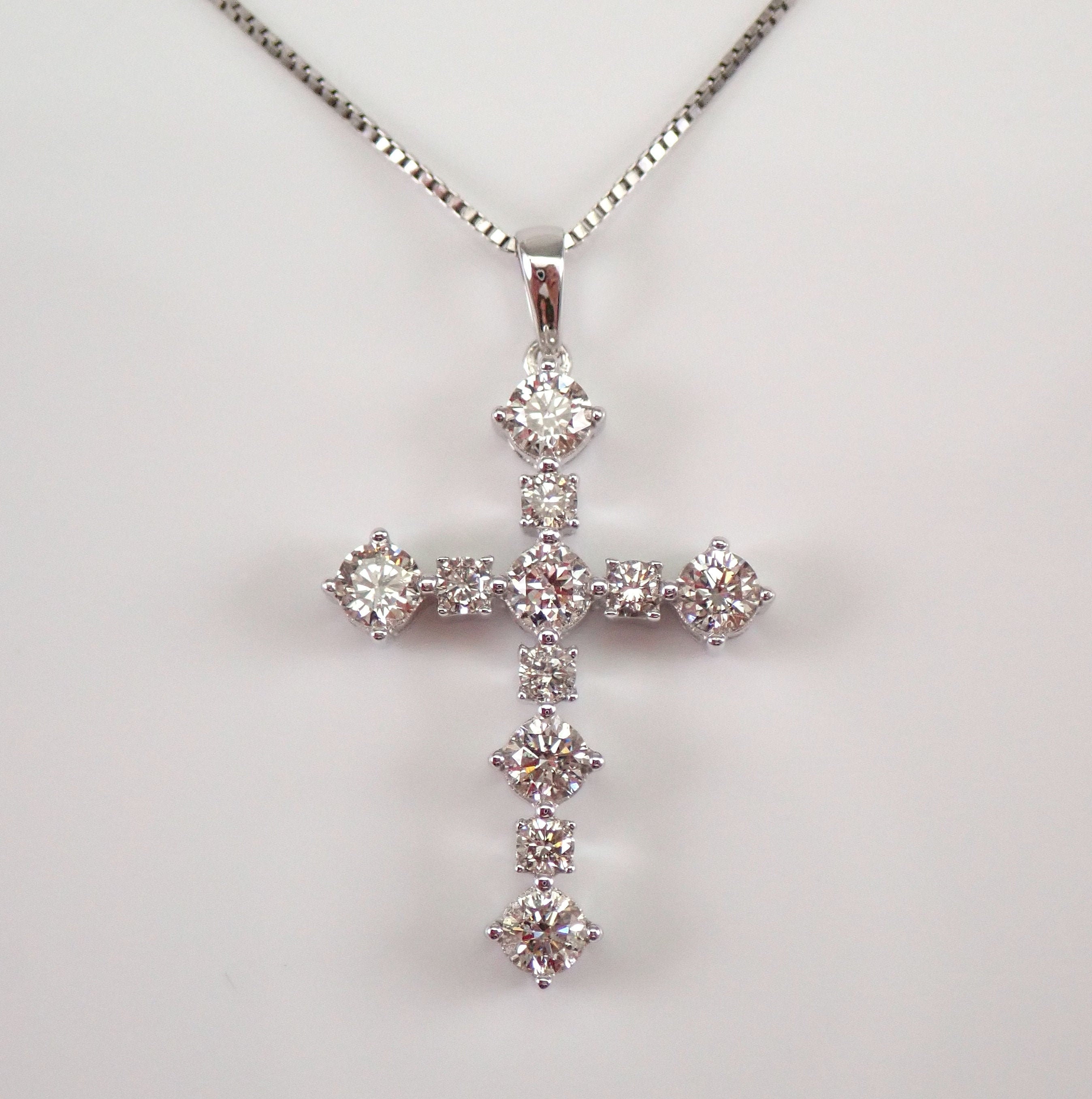 14K White Gold Diamond CROSS Pendant Round Brilliant Diamond Necklace ...