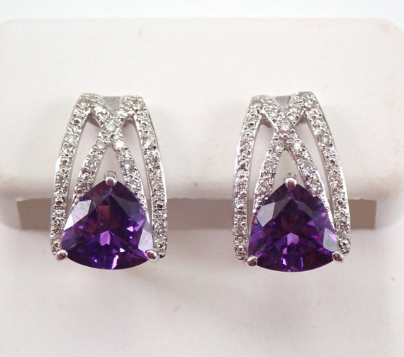 Trillion Amethyst Earrings, 14K White Gold Diamond and Gemstone Jewelry, Purple Triangle Gem, European Clasp, February Birthstone