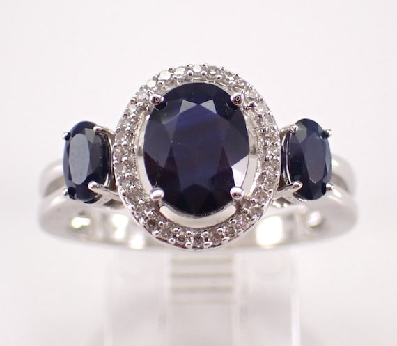 14K White Gold Sapphire Engagement Ring, Diamond Halo Anniversary Band, September Birthstone Jewelry Gift