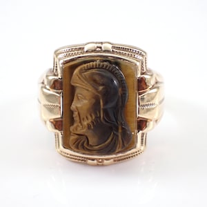 Tigers Eye Intaglio Ring, Solid Yellow Gold Solitaire Ring, Unique Antique Cameo Pinky Band, Vintage Unisex Fine Jewelry