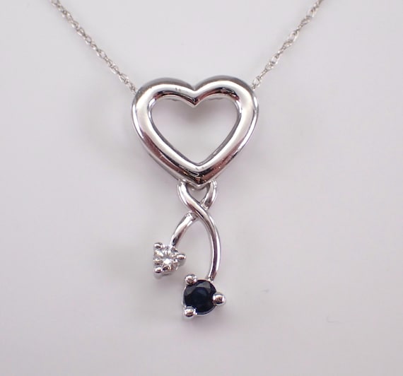 14K White Gold Heart Charm Pendant and Chain, Diamond and Sapphire Dangle Necklace, September Birthstone Jewelry Gift
