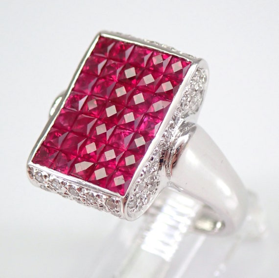 18K White Gold Ruby Ring,  Diamond and French Cut Gemstone Cluster, July Birthstone Fine Jewelry Gift