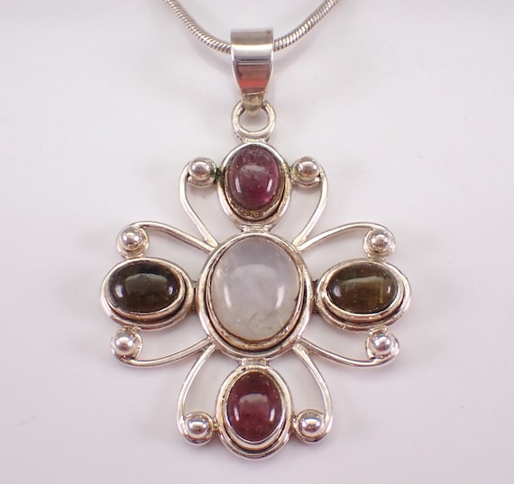 Vintage Sterling Silver Flower Necklace, Unique Large Moonstone and Tourmaline Charm Pendant Chain, Estate Everyday Daily Wear Jewelry Gift
