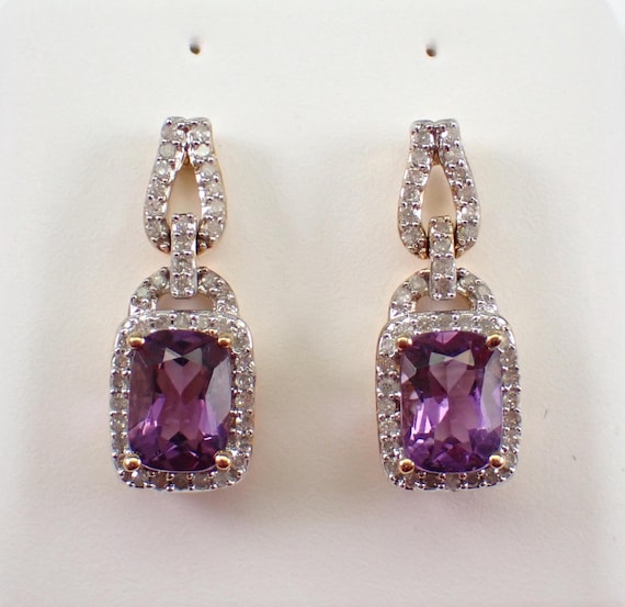 Yellow Gold Amethyst Earrings, Diamond Halo Dangle Drop Setting, Purple Gemstone Jewelry