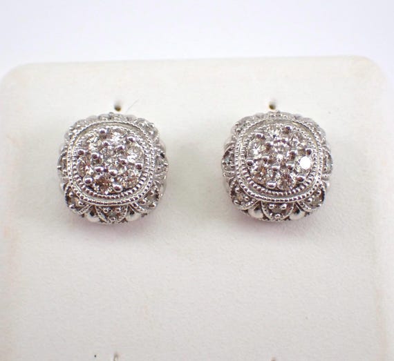 White Gold Diamond Stud Earrings - Unique Cushion Shape Cluster Studs - GalaxyGems Anniversary Jewelry Gift