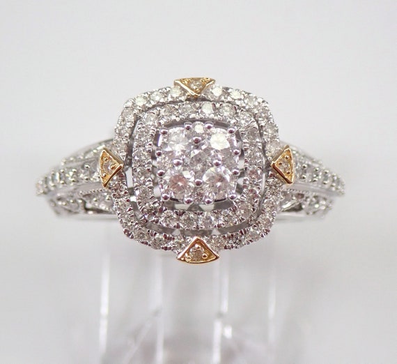 Diamond Cluster Engagement Ring - Solid White Gold Halo Setting - Two Tone Gold Right Hand Ring