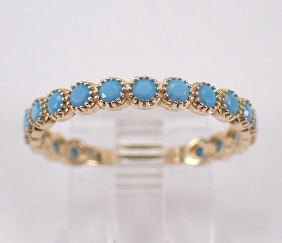 14K Yellow Gold Turquoise Ring - Dainty Stackable Wedding Anniversary Band - Unique Gemstone Fine Jewelry Gift