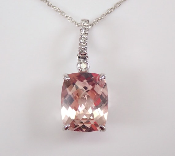 Genuine Pink Morganite Necklace, Cushion Cut Peach Morganite Pendant, Solid White Gold Necklace Chain, GalaxyGems Jewelry