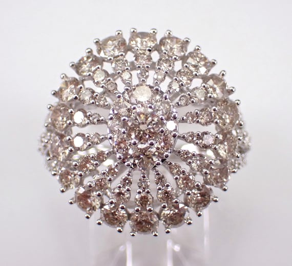 White Gold Oval Diamond Cocktail Ring - Right Hand Large Cluster Band - Celestial Snowflake Jewelry Design