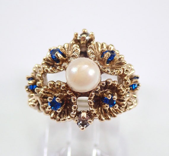 Vintage Womens Pearl Ring, Yellow Gold Sapphire and White Topaz Floral Jewelry