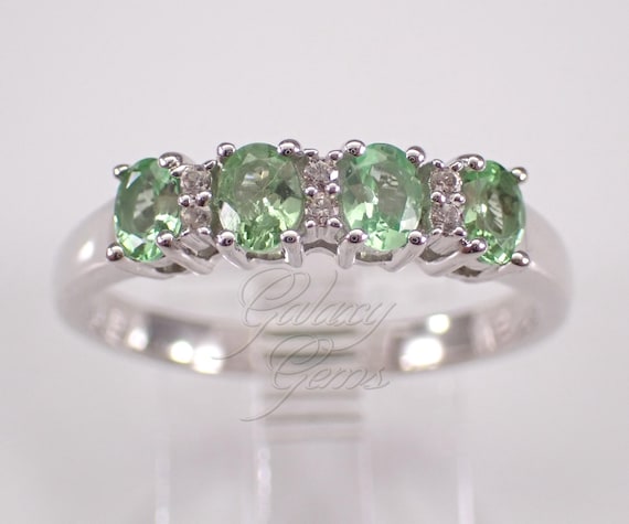 Sterling Silver Prasiolite and Diamond Wedding Anniversary Ring: Dainty Gemstone Promise Band