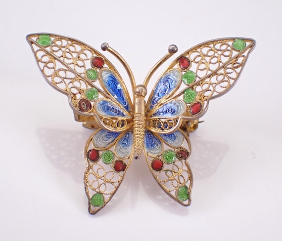 Vintage Silver Vermeil Butterfly Brooch, Multi Color Enamel Fine Jewelry - 80s Estate Gift for Her