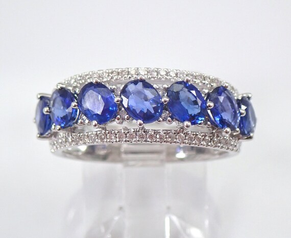 18K White Gold Sapphire and Diamond Ring - Unique Wedding Anniversary Band - September Gemstone Fine Jewelry Gift