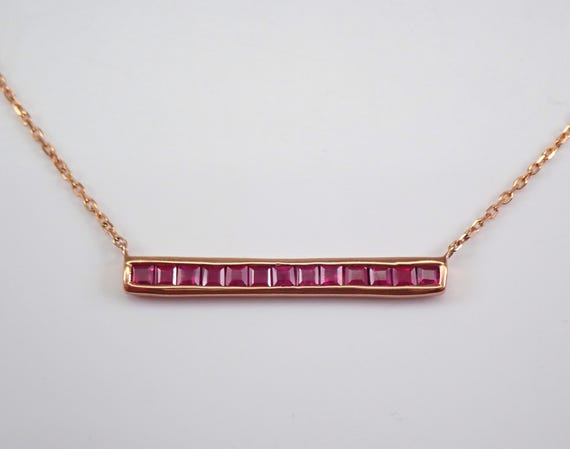 Princess Cut Ruby Bar Necklace, Rose Gold Station Pendant and Chain, Unique Fine Jewelry Gift