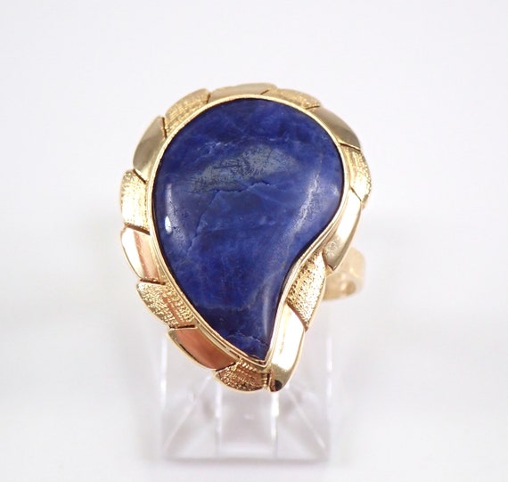 Vintage Lapis Lazuli Ring, Solid 14K Yellow Gold Teardrop Solitaire Gemstone, Antique Fine Jewelry for Women