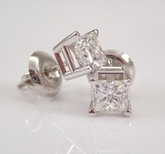 14k White Gold Diamond Stud Earrings - Square Princess Cut Studs - GalaxyGems Bridal Fine Jewelry Gift