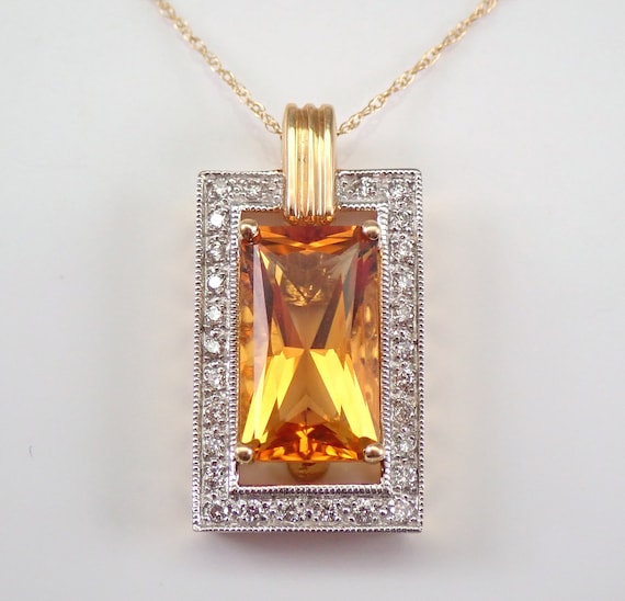 14K Yellow Gold Citrine Pendant and Chain - Diamond Halo Charm Necklace - November Orange Gemstone Drop Slide