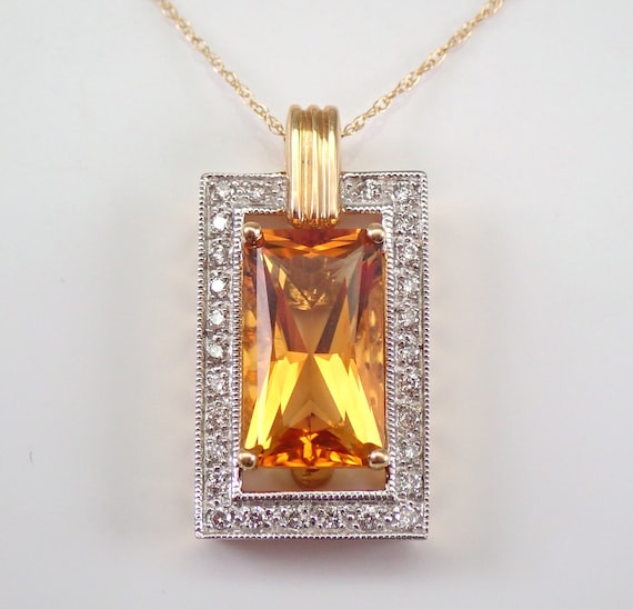 Citrine and Diamond Necklace, Genuine Diamond and Rectangular Radiant Cut Gemstone Pendant, Solid 14K Yellow Gold Halo Necklace and Chain