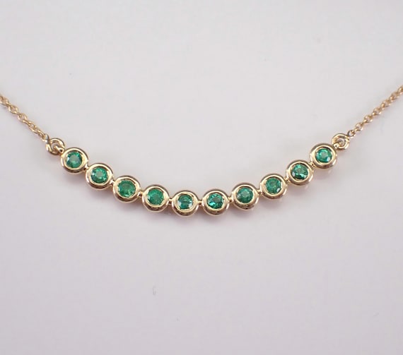 Yellow Gold Emerald Curved Bar Necklace, Gemstone Station Pendant and Chain, Unique Fine Jewelry Gift