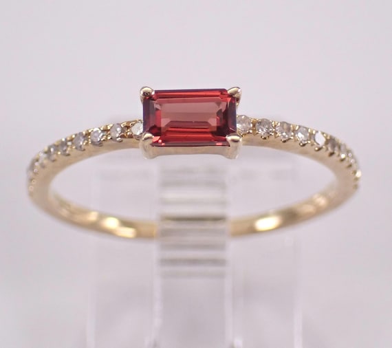 Yellow Gold Garnet Promise Ring, Dainty Diamond Stackable Band, Bridal Fine Jewelry Gift