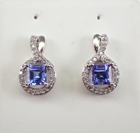 White Gold Tanzanite Earrings - Diamond Halo Teardrop Setting - Dainty Drop Gemstone Fine Jewelry Gift