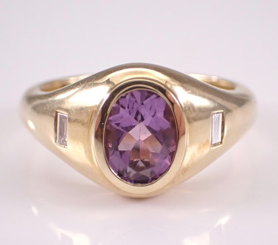 14K Yellow Gold Amethyst and Diamond Pinky Ring: Gemstone Birthstone Jewelry