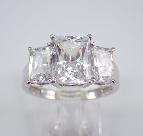 Vintage 14K White Gold Cubic Zirconia Engagement Ring, Bridal Promise CZ Radiant Cut Three Stone Band