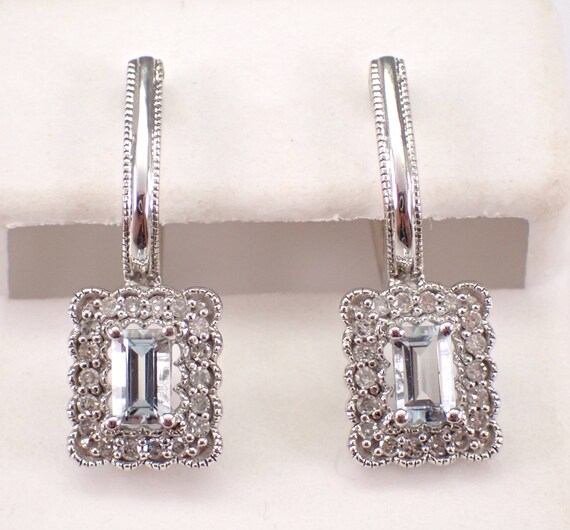 White Gold Aquamarine Earrings - Diamond Halo Dangle Setting - March Gemstone Jewelry Gift