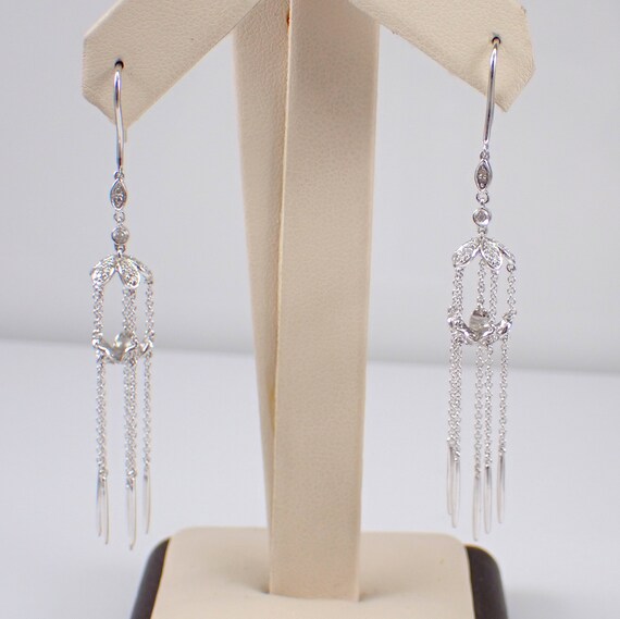 Genuine Diamond Dangle Earrings, 18K White Gold Chandelier Cage Design, GalaxyGems Fine Jewelry