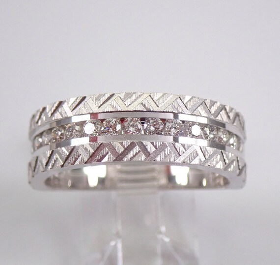 White Gold Diamond Wedding Ring - Textured Chevron Anniversary Band - Tribal Zigzag Stackable Jewelry Gift