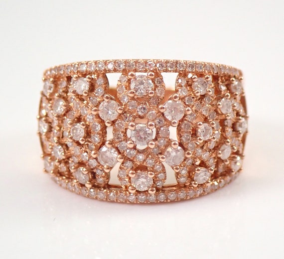 14K Rose Gold Diamond Anniversary Ring  - Wide Cocktail Cigar Wedding Band - Domed Bridal Fine Jewelry Gift