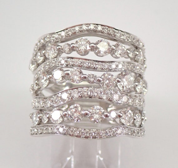 3 ct Diamond Multi Row Wide Ring - Solid 18k White Gold Anniversary Band - Unique Flowing Cigar Band