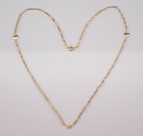 14K Yellow Gold Station Heart Choker Necklace: Dainty Charm Pendant Chain