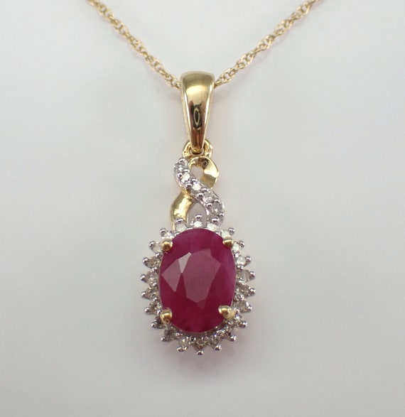 Yellow Gold Ruby Pendant and Chain - Diamond Halo Choker Charm Necklace - July Birthstone Fine Jewelry Gift