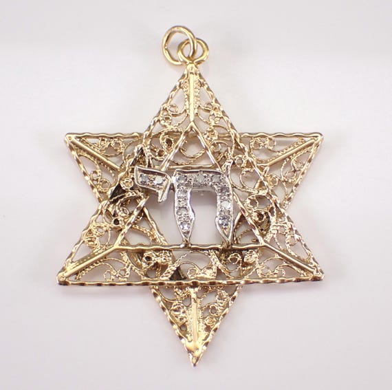 Antique 14K Yellow Gold Diamond Star of David Charm, Large Jewish Chai Symbol Pendant, Religious Judaica Protection Gift