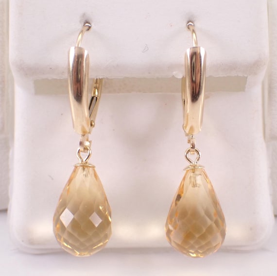 14K Yellow Gold Citrine Dangle Earrings, Teardrop Briolette Charm Drops