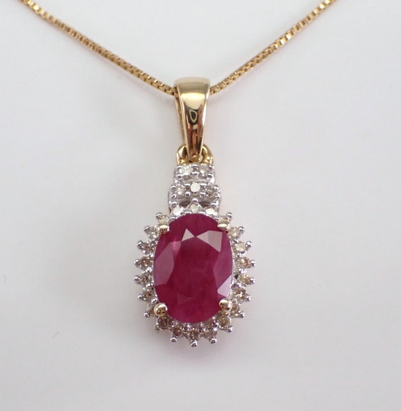 Yellow Gold Ruby Pendant and Chain - Dainty Diamond Charm Choker Necklace - July Birthstone Fine Jewelry Gift