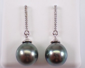 Black Tahitian Pearl Earrings - Diamond Bar Dangle Setting - 14K White Gold Fine Jewelry Gift - June Birthstone Gem Stone