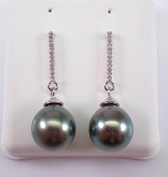 Black Tahitian Pearl Earrings - Diamond Bar Dangle Setting - 14K White Gold Fine Jewelry Gift - June Birthstone Gem Stone