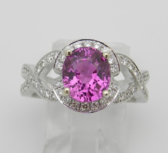 Pink Sapphire Engagement Ring - 14k White Gold Fine Jewelry Gift - Unique Diamond Halo Bridal Setting