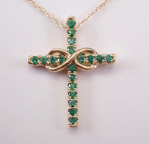 Emerald Cross Pendant and Chain - Yellow Gold Religious Infinity Charm Necklace - Gemstone Fine Jewelry Gift