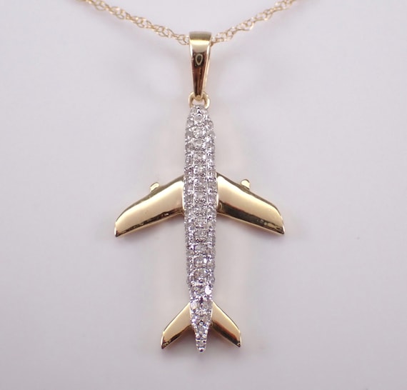 Yellow Gold Diamond Airplane Pendant and Chain, Plane Jet Charm Necklace, Pilot Flying Jewelry Gift