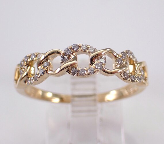 14K Yellow Gold CHAIN LINK Diamond Ring - Unique Chainlink Anniversary Band - Stackable Bridal Jewelry Wedding Gift