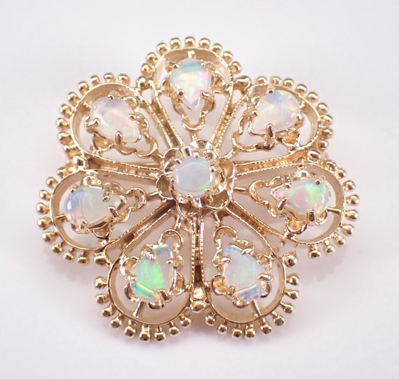 Vintage 14K Yellow Gold Opal Brooch - 70s Estate Gemstone Cluster Pin - Unique Fine Jewelry Birthday Gift
