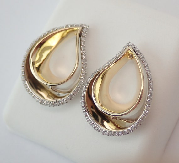 14K Gold Diamond Teardrop Earrings - Unique Two Tone Studs - Modern Fashion Fine Jewelry Gift