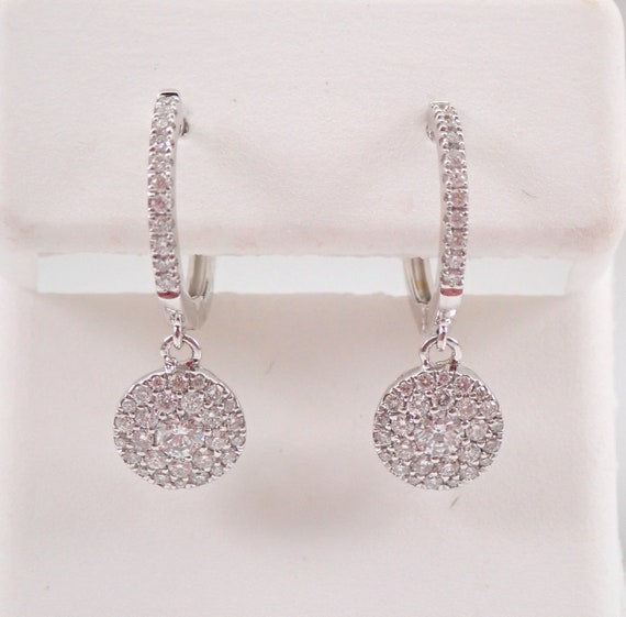 14K White Gold Diamond Earrings - Cluster Halo Dangle Drop Hoop - Unique Fine Jewelry Wedding Gift