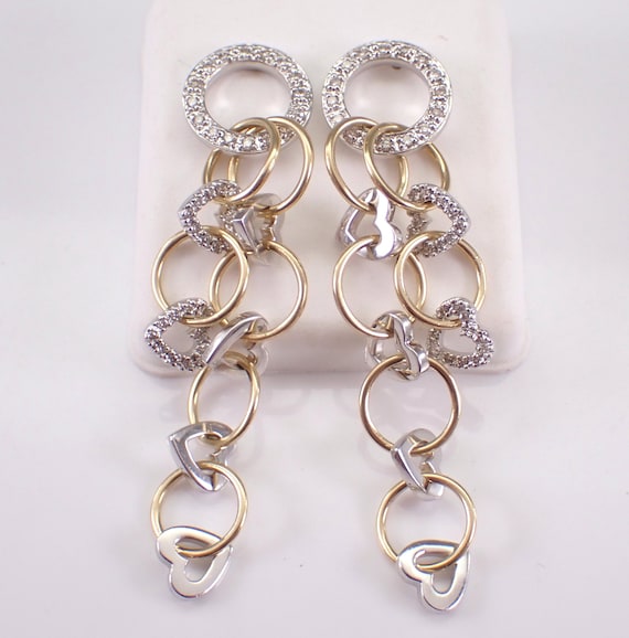 14K Yellow Gold Diamond Dangle Earrings: Two Tone Interlocking Circle and Heart Charms