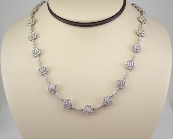 14K White Gold Diamond Tennis Necklace - Unique Cluster Halo Choker - GalaxyGems Fine Jewelry Gift